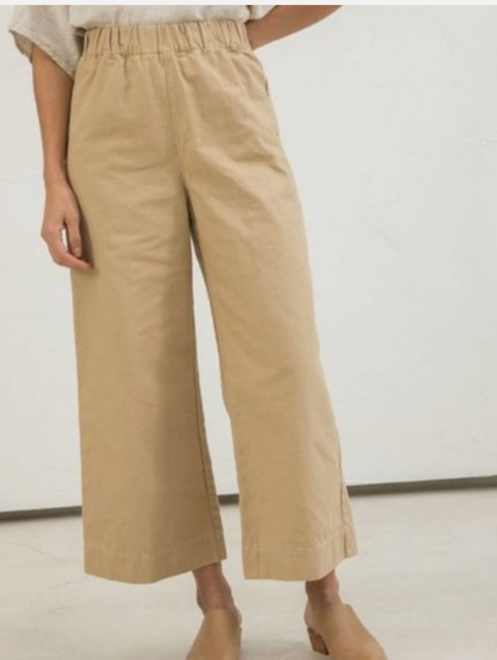 Elizabeth Suzann Florence Wide-Leg Crop Pants Pull-On Khaki Cotton Canva…